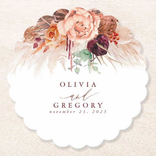 Terracotta Bloemen Pampas Grass Elegant Tropisch Kartonnen Onderzetters (Voorkant)