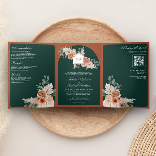 Terracotta Bloemen Pampas Smaragd QR Code Trouwen Drieluik Uitnodiging