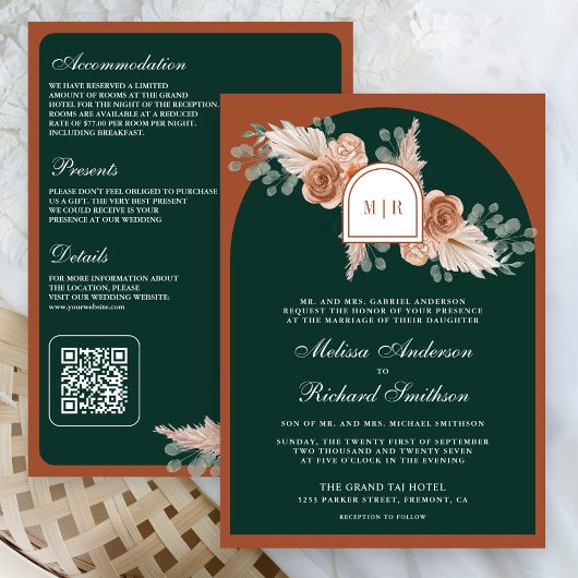Terracotta Bloemen Pampas Smaragd QR Code Trouwen Kaart