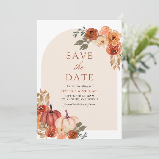 Terracotta Bloemen Pompoen Bruiloft Save The Date (Staand voorkant)
