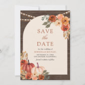 Terracotta Bloemen Pompoen Schuur Hout Huwelijk Save The Date (Voorkant)