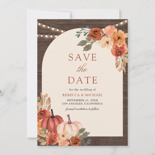 Terracotta Bloemen Pompoen Schuur Hout Huwelijk Save The Date (Voorkant)