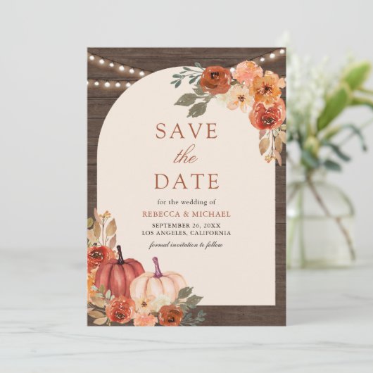 Terracotta Bloemen Pompoen Schuur Hout Huwelijk Save The Date (Staand voorkant)