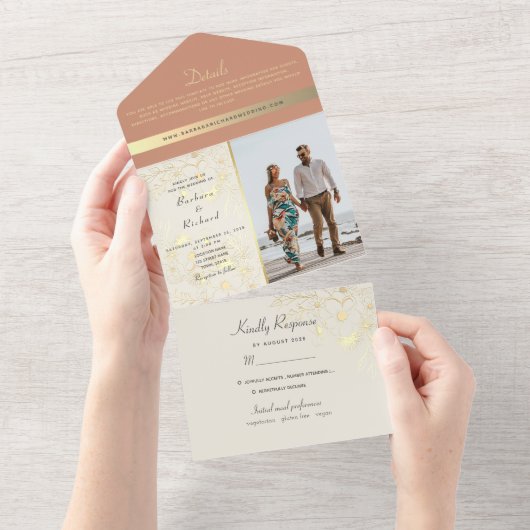 Terracotta Bloemen Rustiek Boho Huwelijk All In One Uitnodiging (Afscheurbaar)