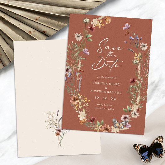 Terracotta Bloemen Save The Date Plat Kaart