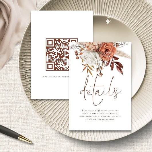 Terracotta Bloemen Script QR Code Trouwdetails Informatiekaartje