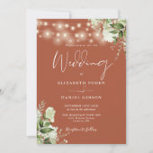 Terracotta Bloemen String Lights Foto Bruiloft Kaart (Voorkant)