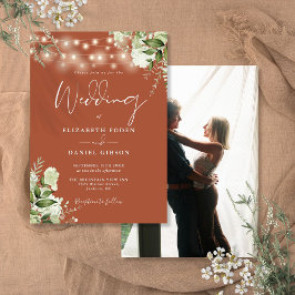 Terracotta Bloemen String Lights Foto Bruiloft Kaart