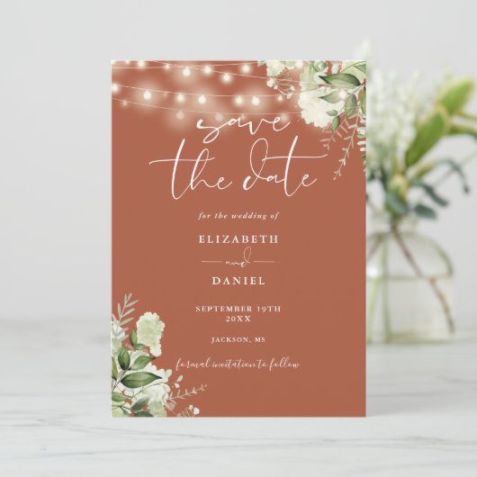 Terracotta Bloemen String Lights Foto Bruiloft Save The Date (Staand voorkant)
