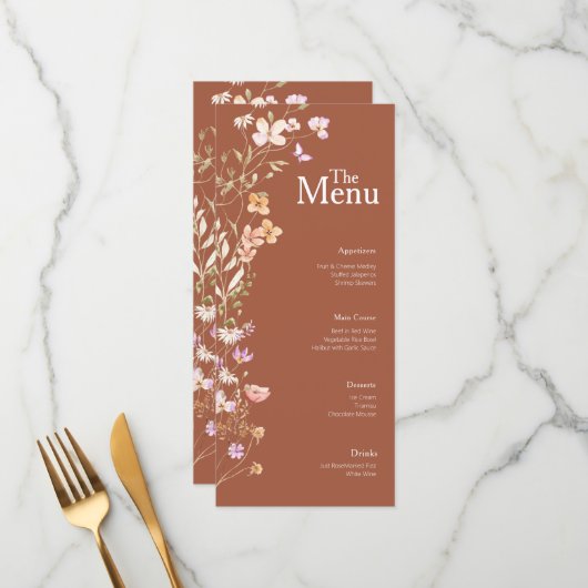 Terracotta Bloemen Wedding Event Menu Tafel Decor (Voorkant / Achterkant in situ)