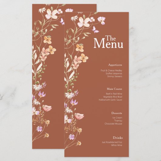 Terracotta Bloemen Wedding Event Menu Tafel Decor (Voorkant / Achterkant)