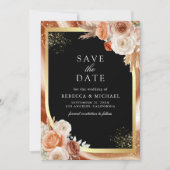 Terracotta Bloemen Zwart Goud QR Code Foto Huwelij Save The Date (Voorkant)