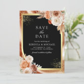 Terracotta Bloemen Zwart Goud QR Code Foto Huwelij Save The Date (Staand voorkant)