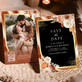 Terracotta Bloemen Zwart Goud QR Code Foto Huwelij Save The Date