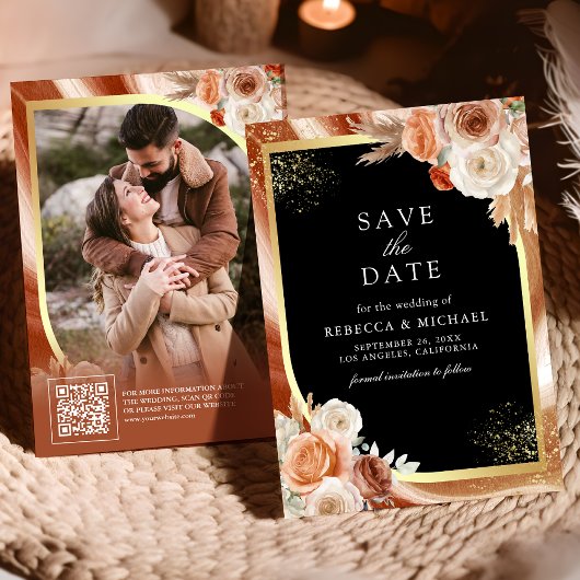 Terracotta Bloemen Zwart Goud QR Code Foto Huwelij Save The Date