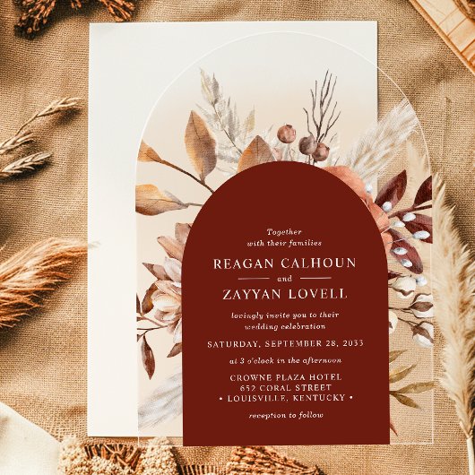 Terracotta Bloemenboog Pampas Grass Bruiloft Acryl Uitnodigingen