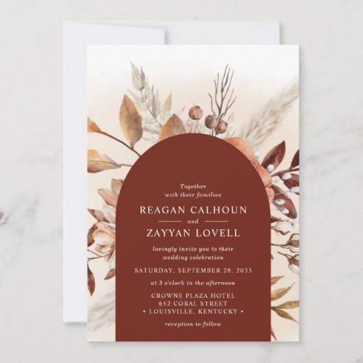 Terracotta Bloemenboog Pampas Grass Bruiloft Kaart (Voorkant)