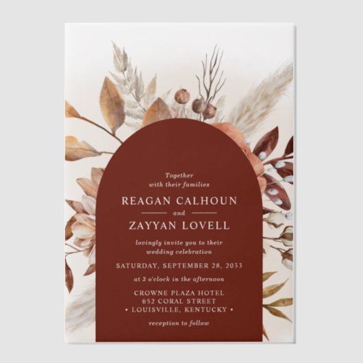 Terracotta Bloemenboog Pampas Grass Bruiloft Vellum Uitnodigingen (Voorkant)