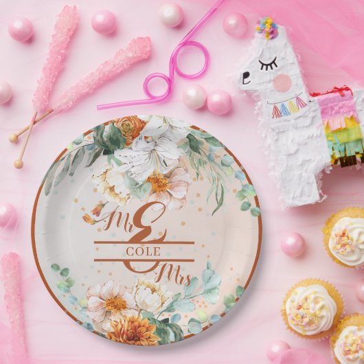 Terracotta Bloemenbruiloft Mr en Mrs Papieren Bordje (Feest)