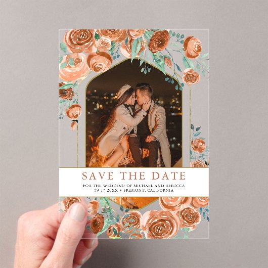 Terracotta Bloemenbruiloft Save the Date Acryl Uitnodigingen (Insitu (Draagbaar))