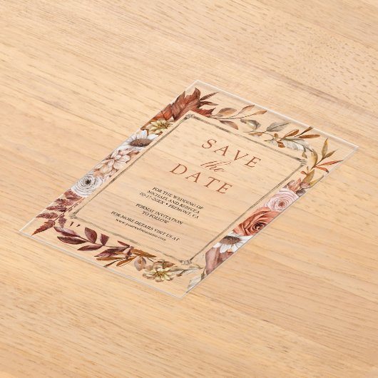 Terracotta Bloemenbruiloft Save the Date Acryl Uitnodigingen (Laagn)