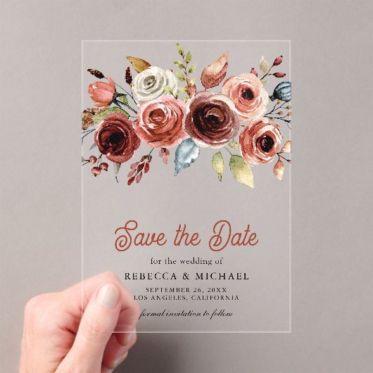 Terracotta Bloemenbruiloft Save the Date Acryl Uitnodigingen (Insitu (Draagbaar))