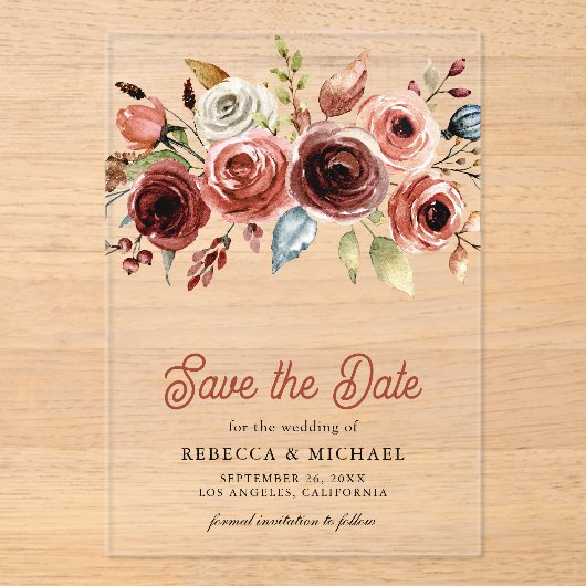 Terracotta Bloemenbruiloft Save the Date Acryl Uitnodigingen (Voorkant)