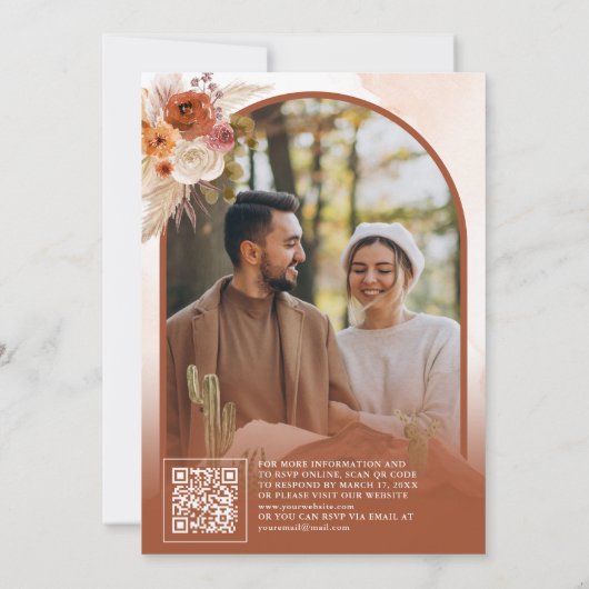 Terracotta Bloemencactus QR Code Foto Bruiloft Kaart (Achterkant)