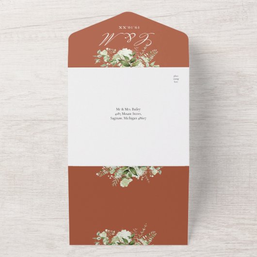 Terracotta Bloemengroen QR Code Trouwen All In One Uitnodiging (Buitenkant)