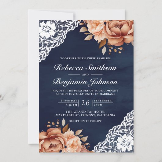 Terracotta Bloemenkraag Navyblauw QR-code Trouwen Kaart (Voorkant)