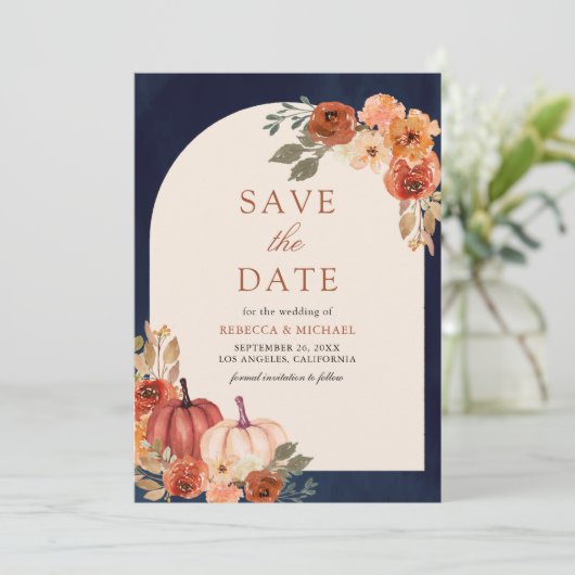 Terracotta Bloemenpompoen Marine Blauwe bruiloft Save The Date (Staand voorkant)