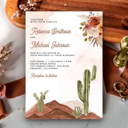 Terracotta Bloemige Cactus QR Code Foto Bruiloft Kaart