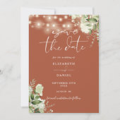 Terracotta Bloemige Groene Slingerlichten Bruiloft Save The Date (Voorkant)