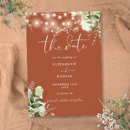 Terracotta Bloemige Groene Slingerlichten Bruiloft Save The Date