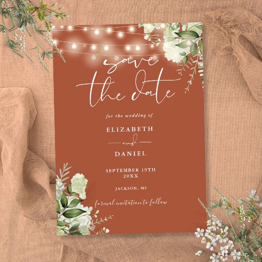 Terracotta Bloemige Groene Slingerlichten Bruiloft Save The Date