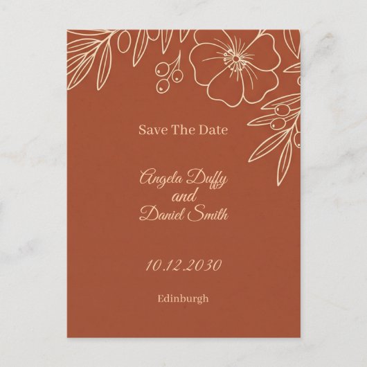 Terracotta bloemige save the date-ansichtkaart briefkaart (Voorkant)