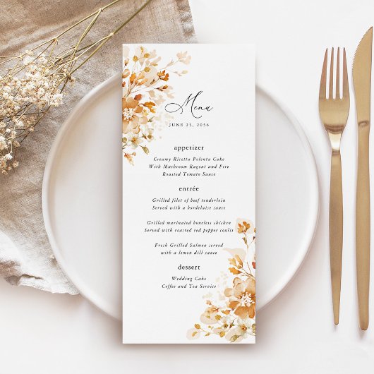 Terracotta Bloemrijke Elegante Trouwreceptie Diner Menu