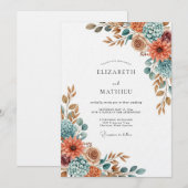 Terracotta Blue Painterly Flora Wedding Kaart (Voorkant / Achterkant)