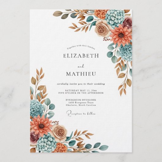 Terracotta Blue Painterly Flora Wedding Kaart (Voorkant)
