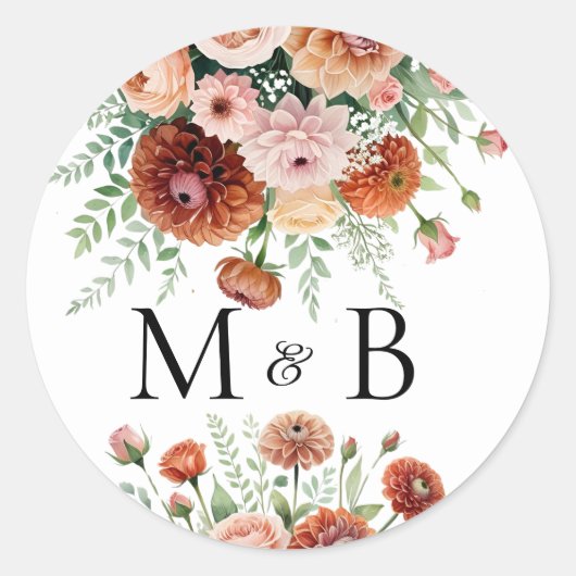 Terracotta Blush Flowers Greenery Letter Initialen Ronde Sticker (Voorkant)