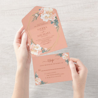 Terracotta Blush Gold Peach Cream Floral Wedding All In One Uitnodiging