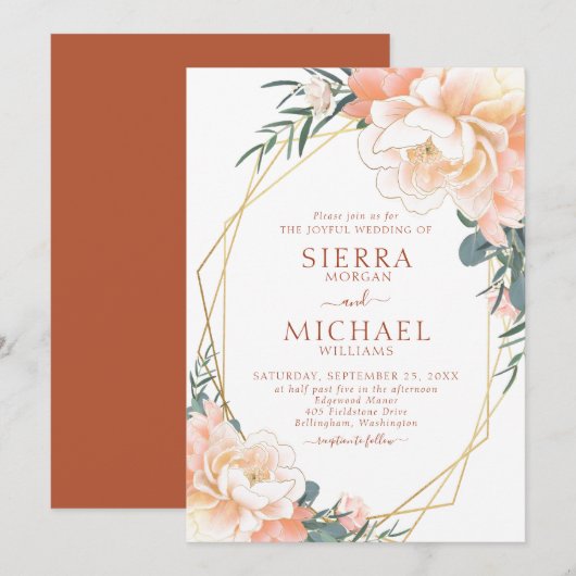 Terracotta Blush Gold Peach Cream Floral Wedding Kaart (Voorkant / Achterkant)