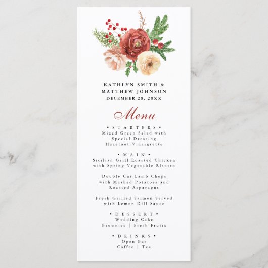 Terracotta Blush Pink Floral Pine Winter Wedding Menu (Voorkant)