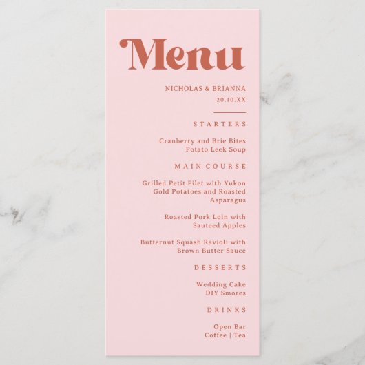 Terracotta & Blush Roze Retro Groovy Bruiloft Menu (Voorkant)