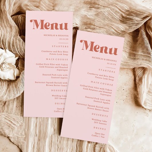 Terracotta & Blush Roze Retro Groovy Bruiloft Menu