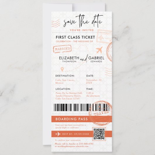 Terracotta Boarding Pass Bestemming Bruiloft Kaart (Voorkant)