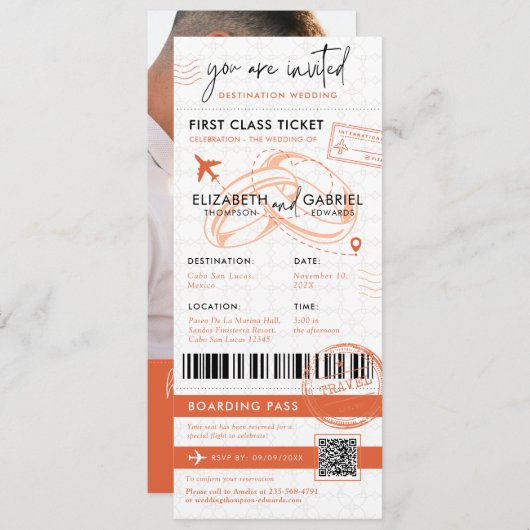 Terracotta Boarding Pass Bestemming Bruiloft Kaart (Voorkant / Achterkant)