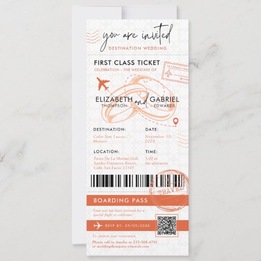 Terracotta Boarding Pass Bestemming Bruiloft Kaart (Voorkant)