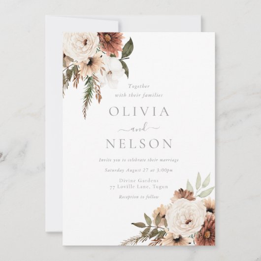 Terracotta Boheemse Bloemen Moderne Huwelijk Kaart (Voorkant)