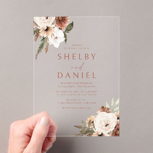 Terracotta Bohemian Bloemen Alle Seizoenen Bruilof Acryl Uitnodigingen (Insitu (Draagbaar))